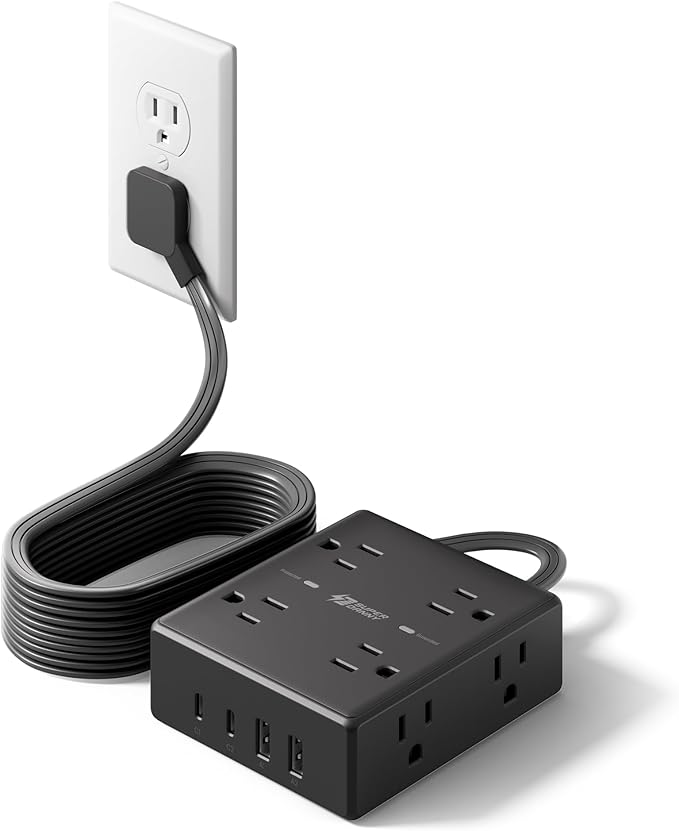 Flat Plug Surge Protector Power Strip | 8 AC + 4 USB Ports