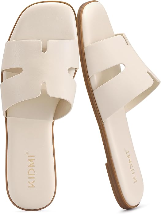 Premium Leather Slide Sandals | Cushioned Square Toe Flats