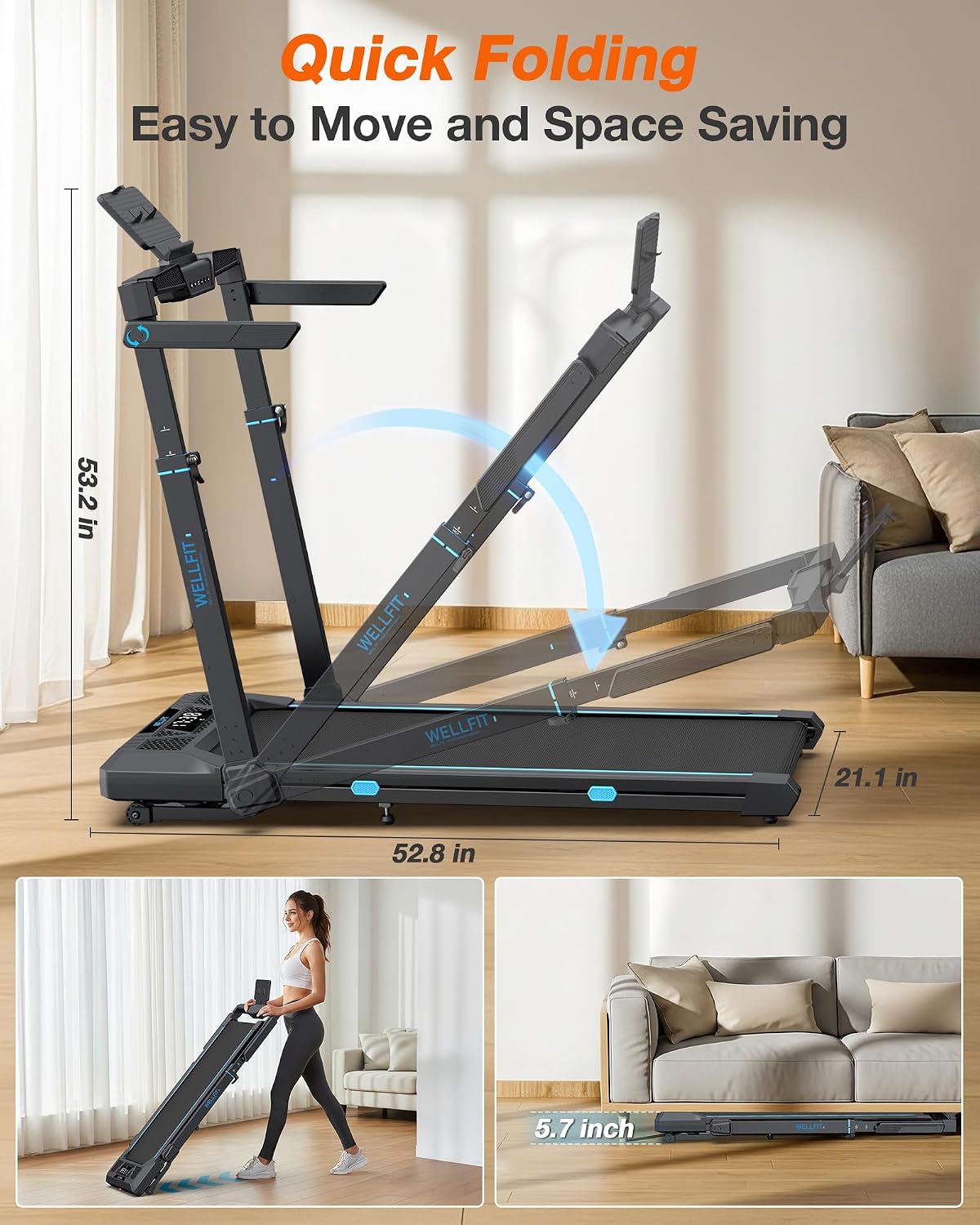 Foldable Treadmill with Auto Incline & Adjustable Height
