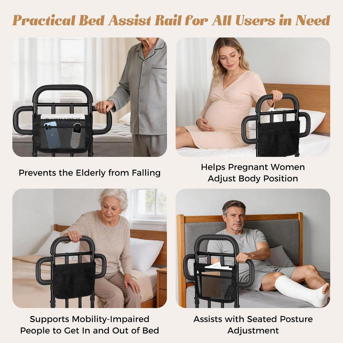 Adjustable Bed Rail with Dual Grab Bars & Sensor Light