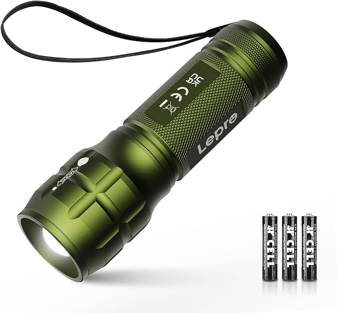 High Lumen Tactical Flashlight with Adjustable Focus & Batteries