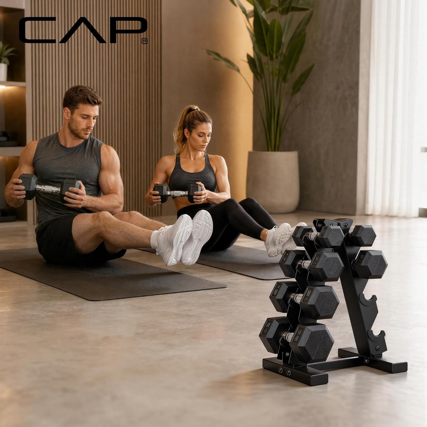 Rubber Hex Dumbbell Set with Vertical Rack | 100-210 lb