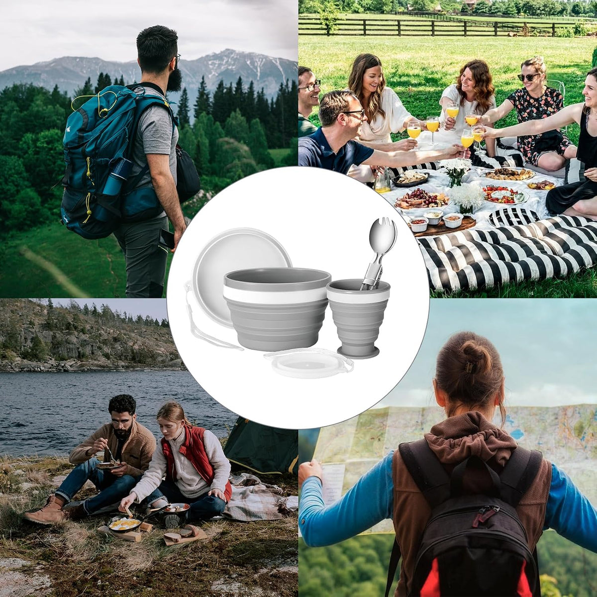 Collapsible Silicone Camping Cup & Bowl Set - Portable Kit