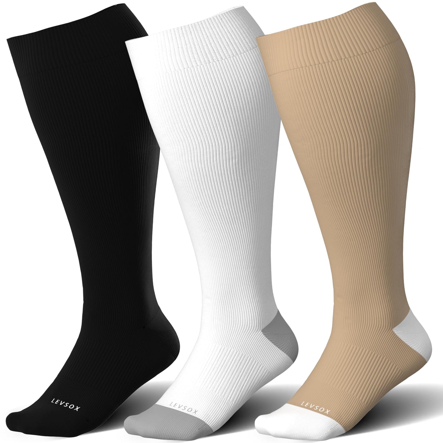 LEVSOX Wide Calf Compression Socks for Women&Men Plus Size 15-20mmHg Knee High Large Support Stockings for Circulation