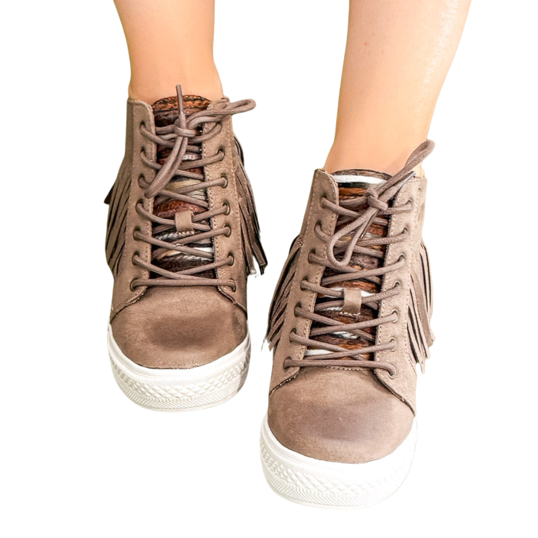 Nick Fringe Sneaker Wedge in Taupe