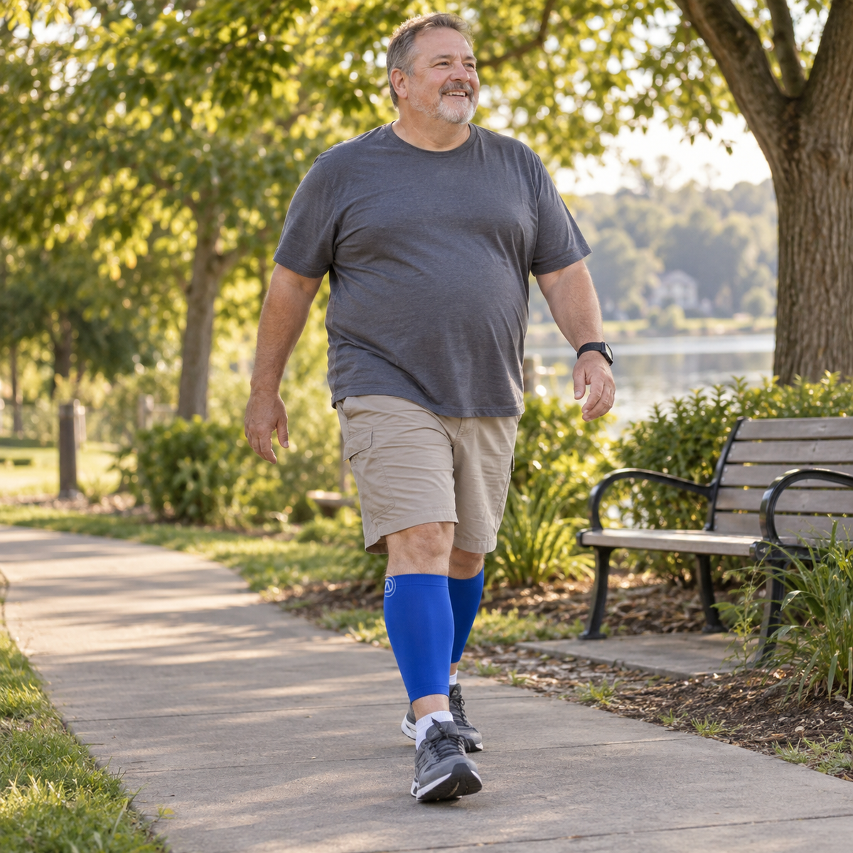 Plus-size man walking in royal-blue calf sleeves with a partially visible outer-side logo