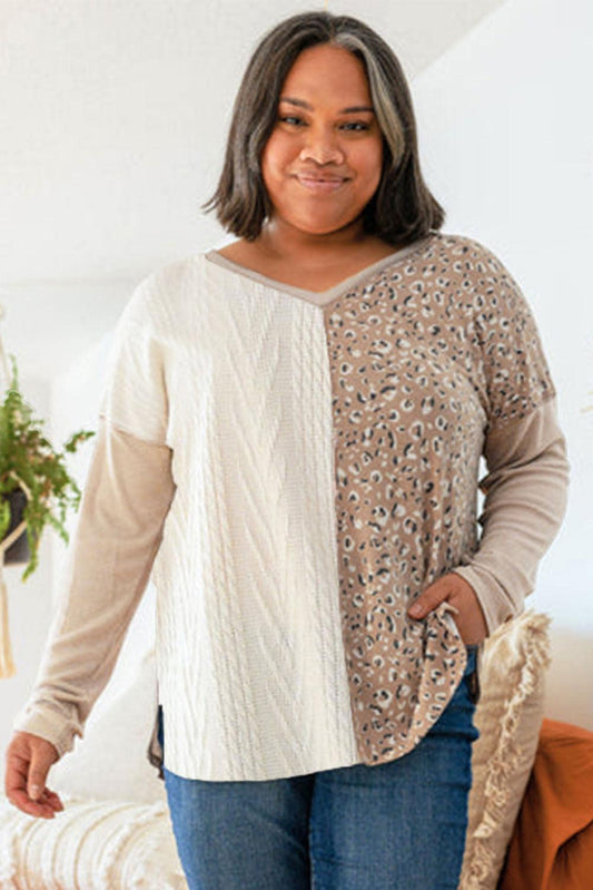 Gray Plus Size Leopard Patchwork Mix Knit Long Sleeve Top - TheGivenGet