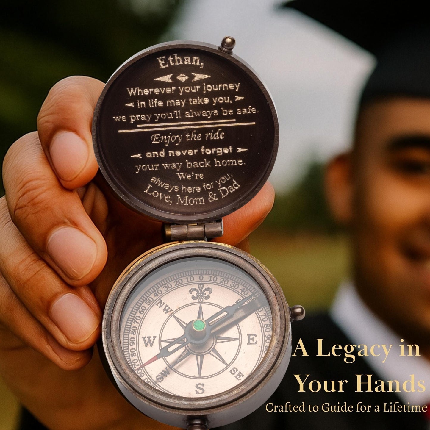 Personalized compass gift held in hands, custom message inside lid