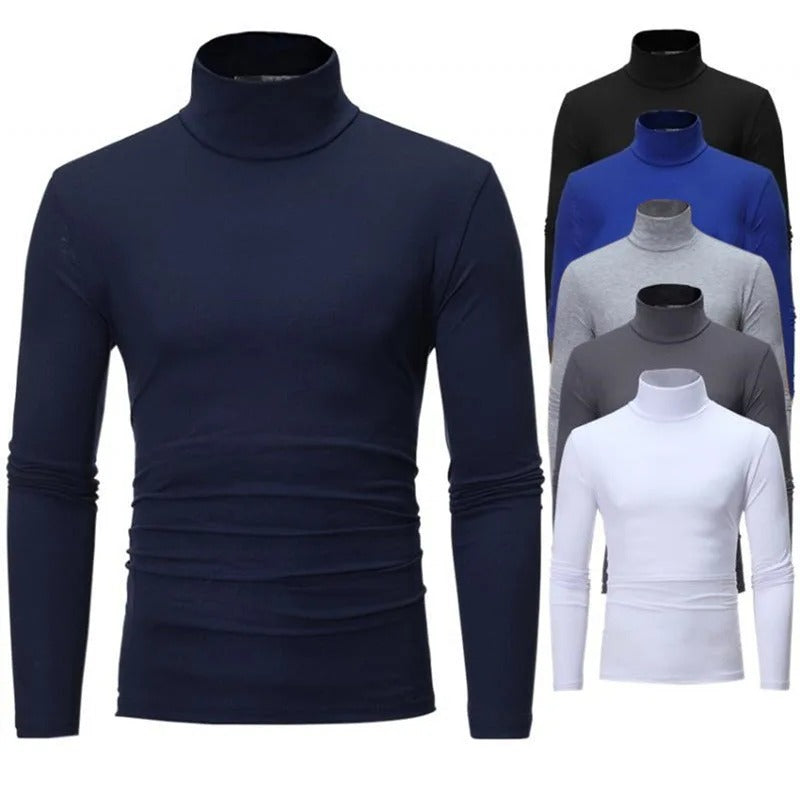 Winter Men's High Neck T-shirt - Slim Fit High Elastic Long Sleeve Cotton Pullover Shirt
