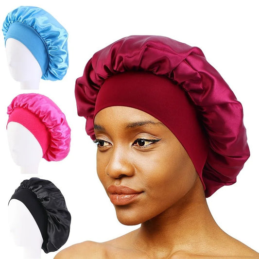 Women's Satin Solid Wide-brimmed Sleeping Hat - Head Wrap Elastic Band Cap