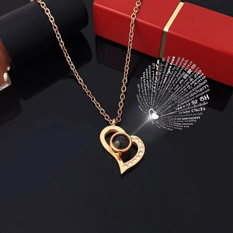 Projection Necklace Set With Rose Gift Box - I Love You Heart Pendant Jewelry
