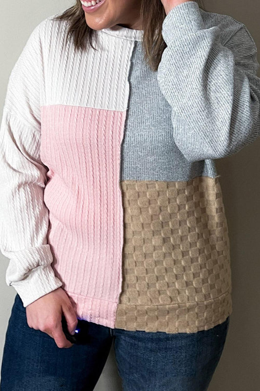 Multicolor Cable Knit Colorblock Long Sleeve Plus Size Top - TheGivenGet