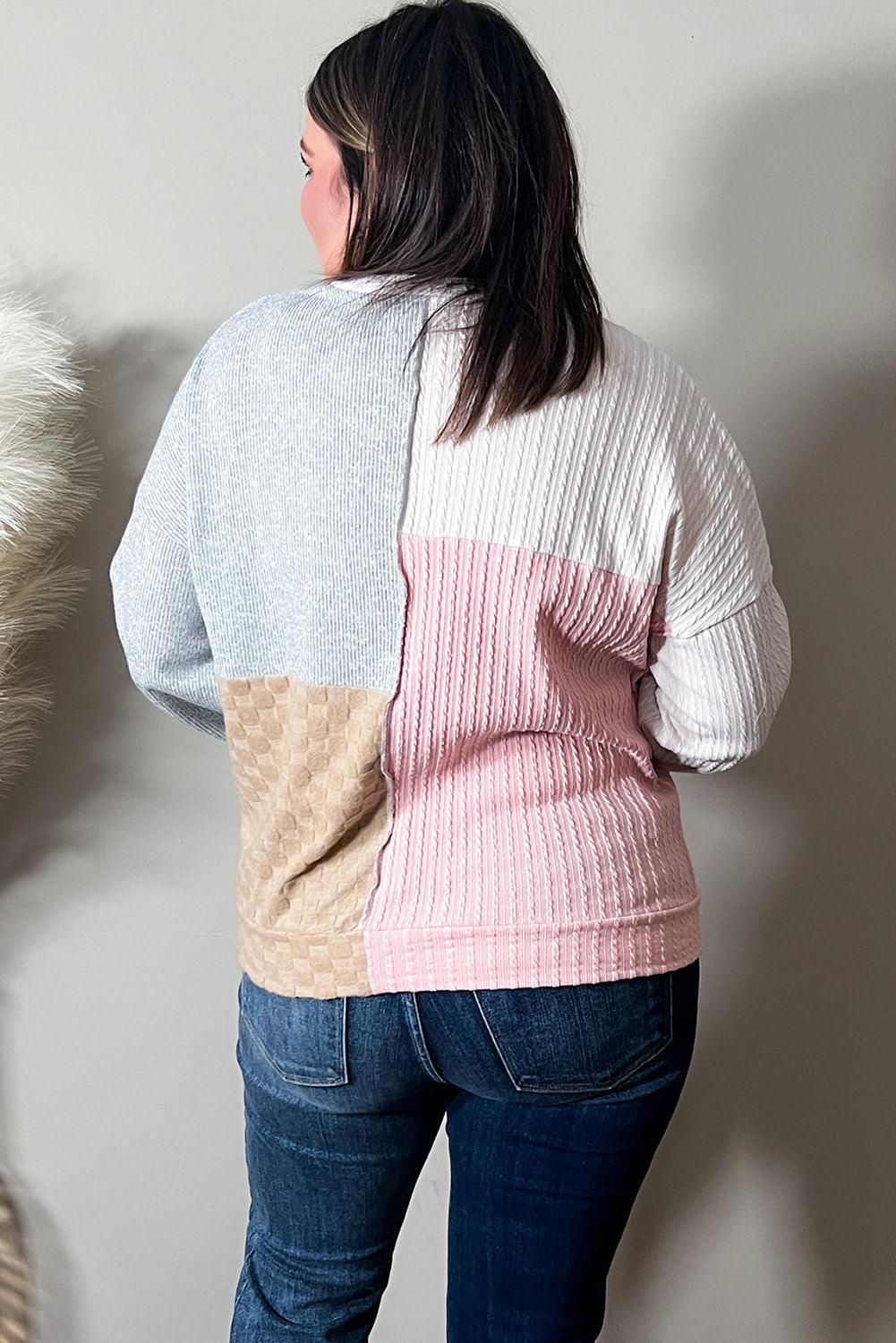 Multicolor Cable Knit Colorblock Long Sleeve Plus Size Top - TheGivenGet