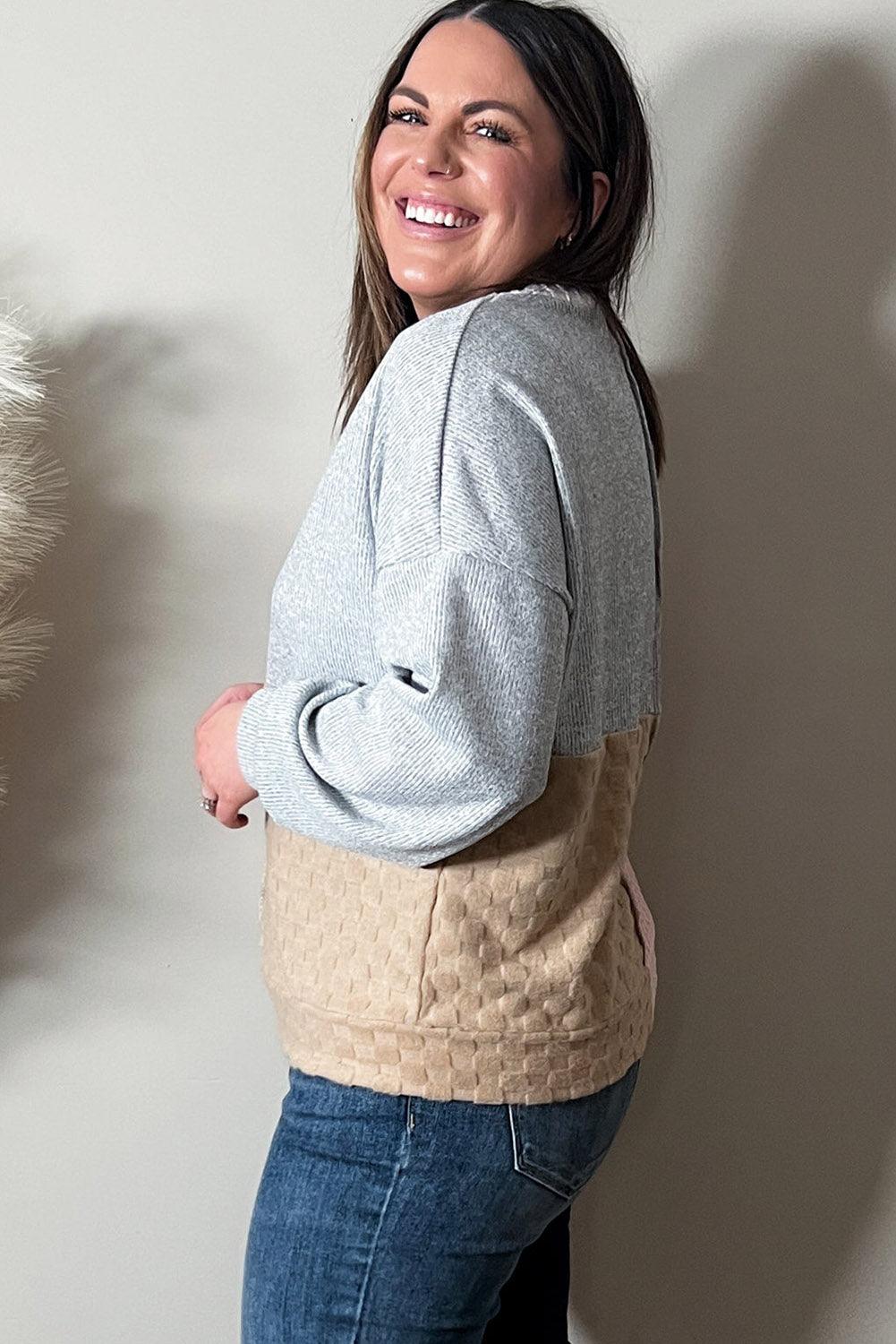 Multicolor Cable Knit Colorblock Long Sleeve Plus Size Top - TheGivenGet