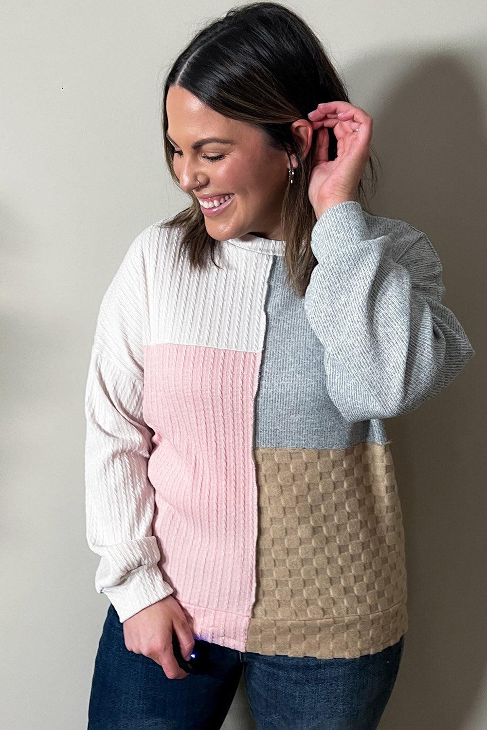Multicolor Cable Knit Colorblock Long Sleeve Plus Size Top - TheGivenGet
