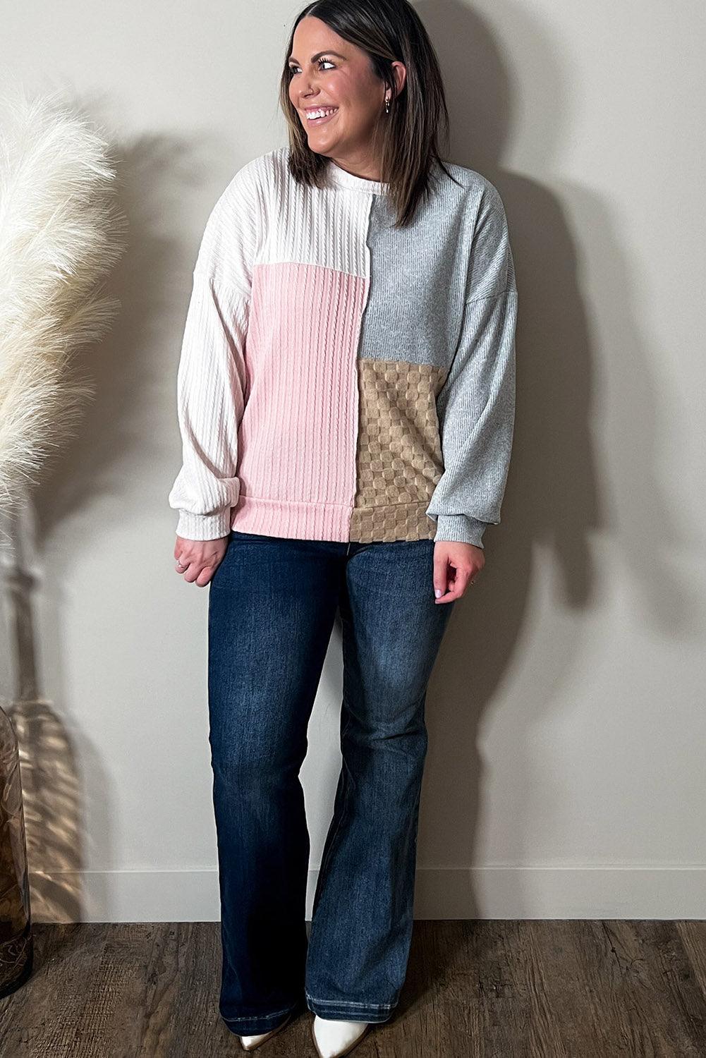 Multicolor Cable Knit Colorblock Long Sleeve Plus Size Top - TheGivenGet