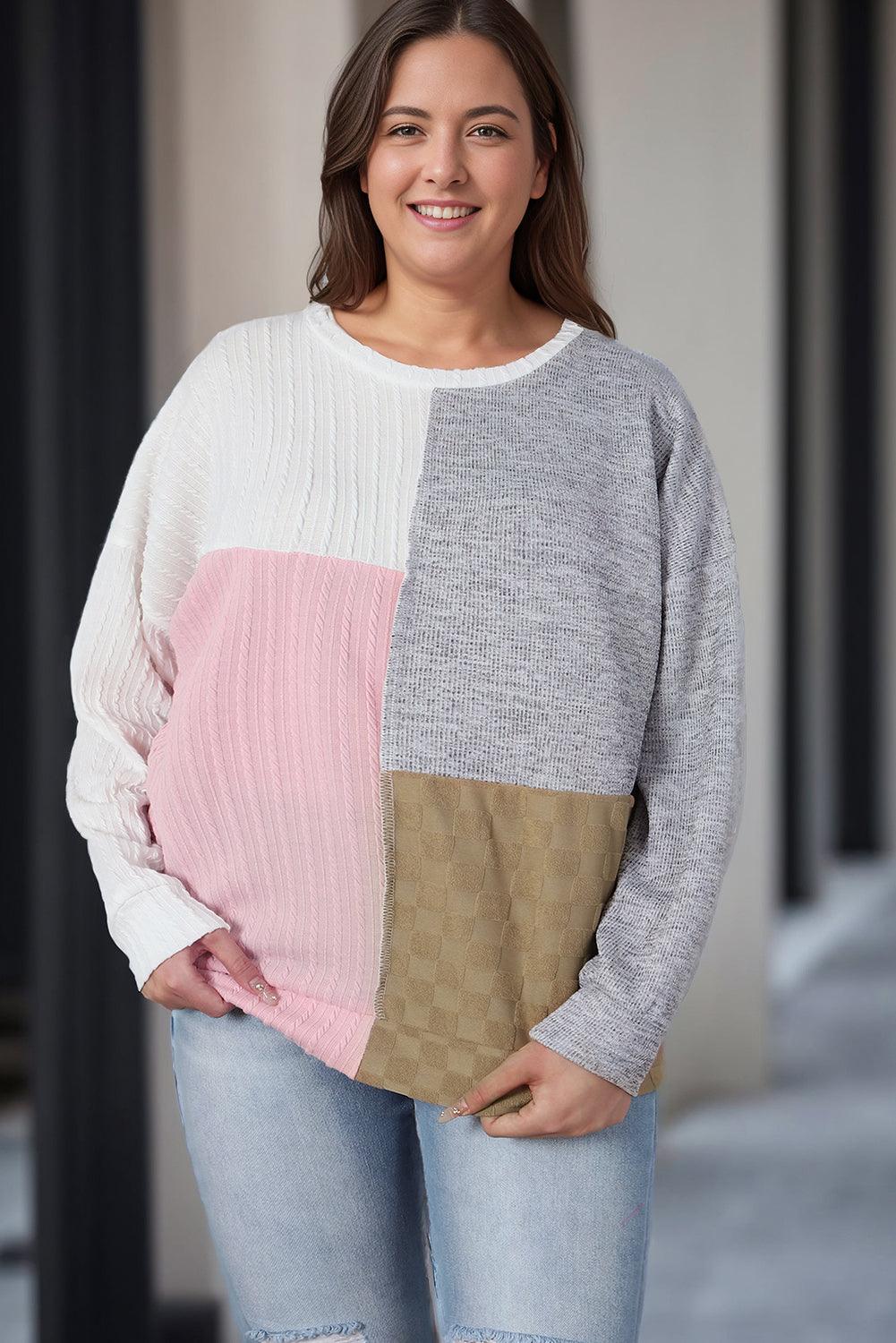 Multicolor Cable Knit Colorblock Long Sleeve Plus Size Top - TheGivenGet