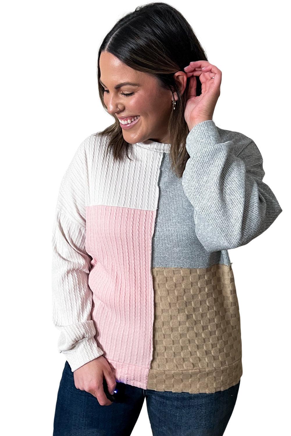 Multicolor Cable Knit Colorblock Long Sleeve Plus Size Top - TheGivenGet