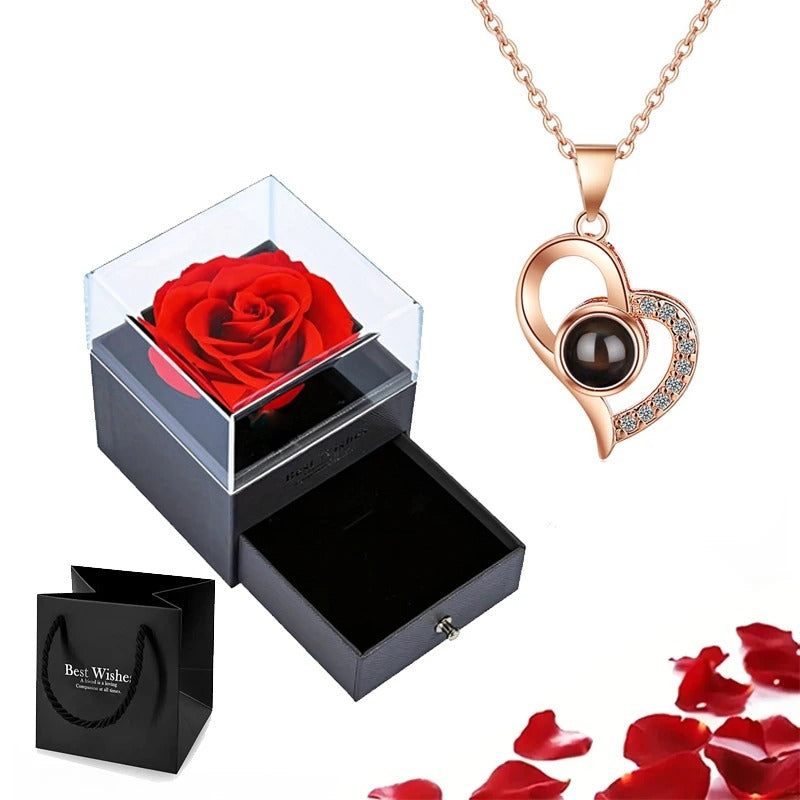 Projection Necklace Set With Rose Gift Box - I Love You Heart Pendant Jewelry