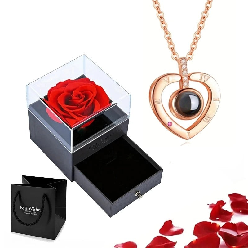 Projection Necklace Set With Rose Gift Box - I Love You Heart Pendant Jewelry