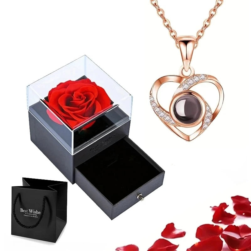 Projection Necklace Set With Rose Gift Box - I Love You Heart Pendant Jewelry