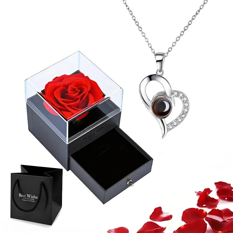 Projection Necklace Set With Rose Gift Box - I Love You Heart Pendant Jewelry