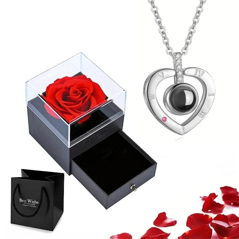Projection Necklace Set With Rose Gift Box - I Love You Heart Pendant Jewelry