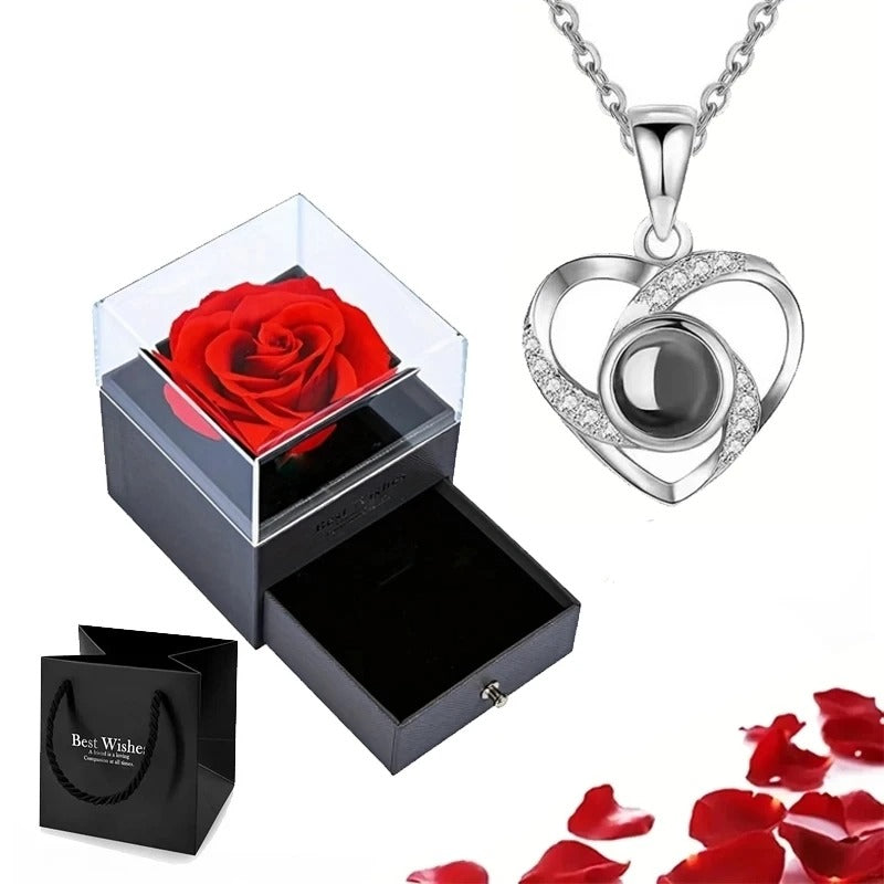 Projection Necklace Set With Rose Gift Box - I Love You Heart Pendant Jewelry