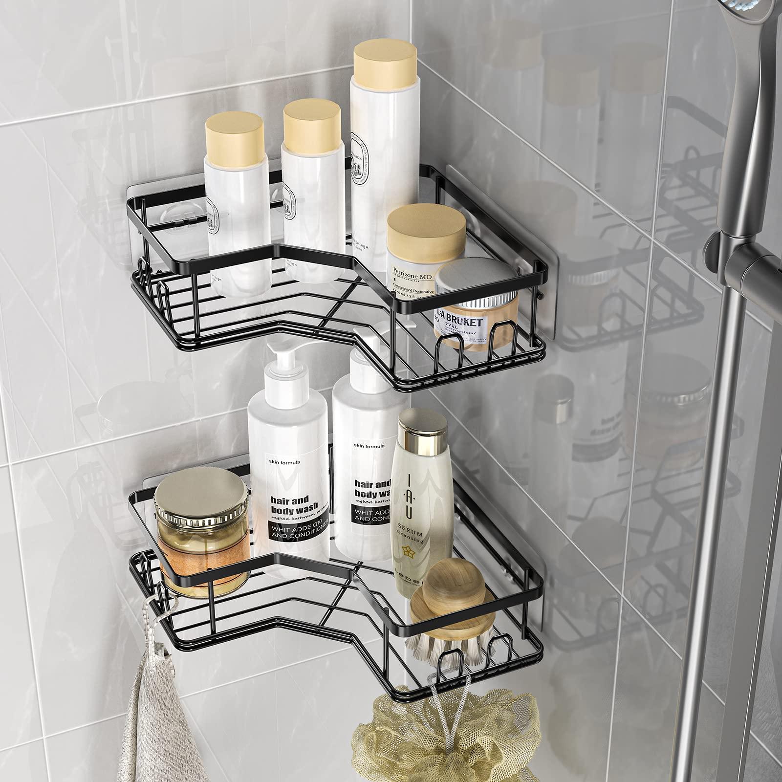 BATHMAX Corner Shower Caddy, Shower Organizer Corner Shower Shelf with 8  hooks,2-Pack Adhesive Stainless Steel Shower Shelves for Bathroom Storage