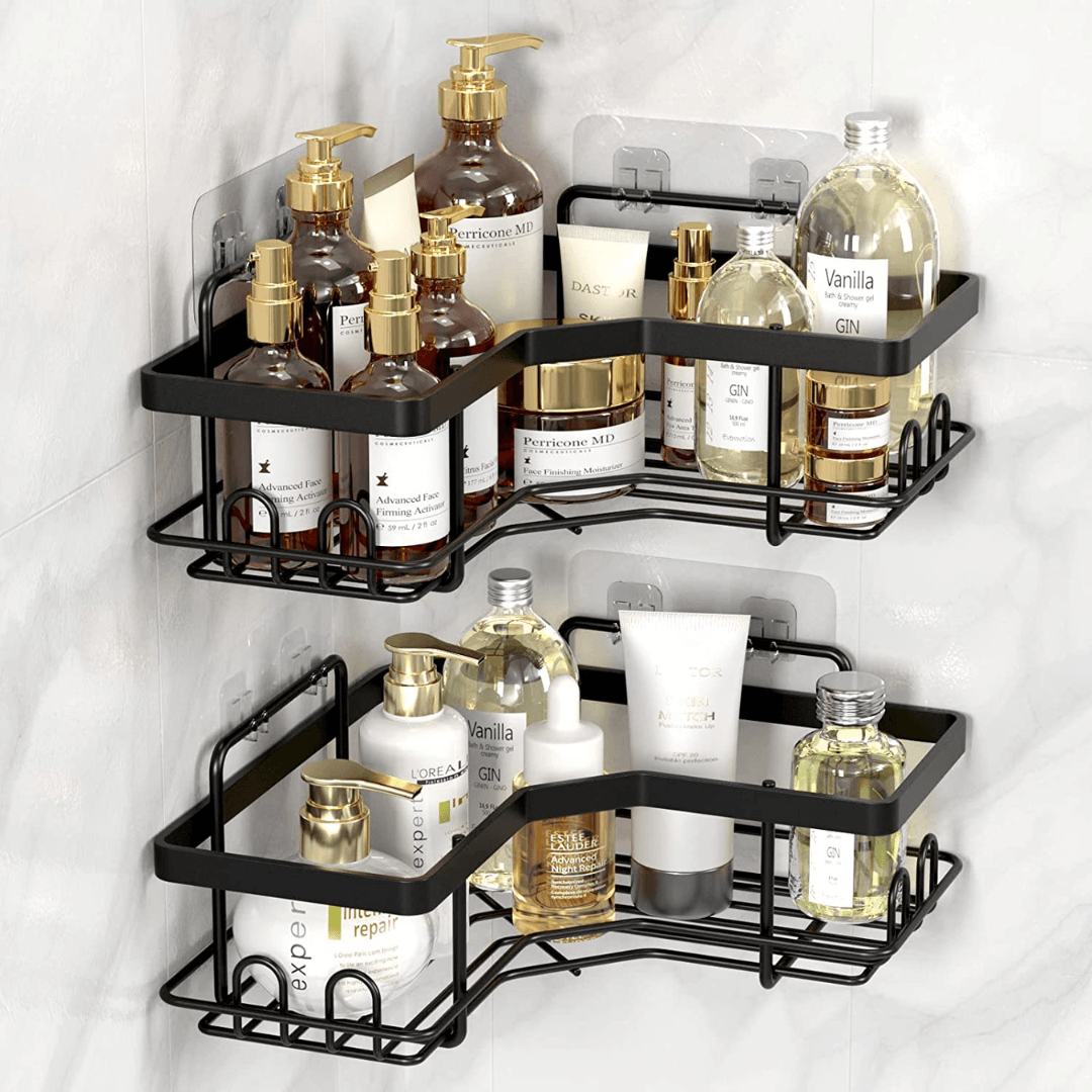 BATHMAX Corner Shower Caddy, Shower Organizer Corner Shower Shelf with 8 hooks,2-Pack Adhesive Stainless Steel Shower Shelves for Bathroom Storage (Matte Black) - TheGivenGet