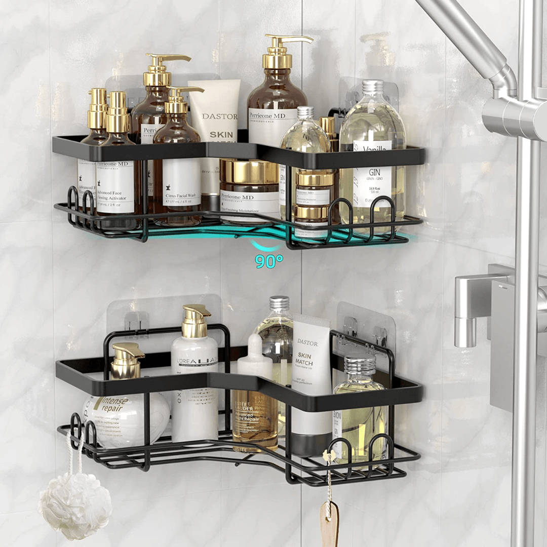 BATHMAX Corner Shower Caddy, Shower Organizer Corner Shower Shelf with 8 hooks,2-Pack Adhesive Stainless Steel Shower Shelves for Bathroom Storage (Matte Black) - TheGivenGet