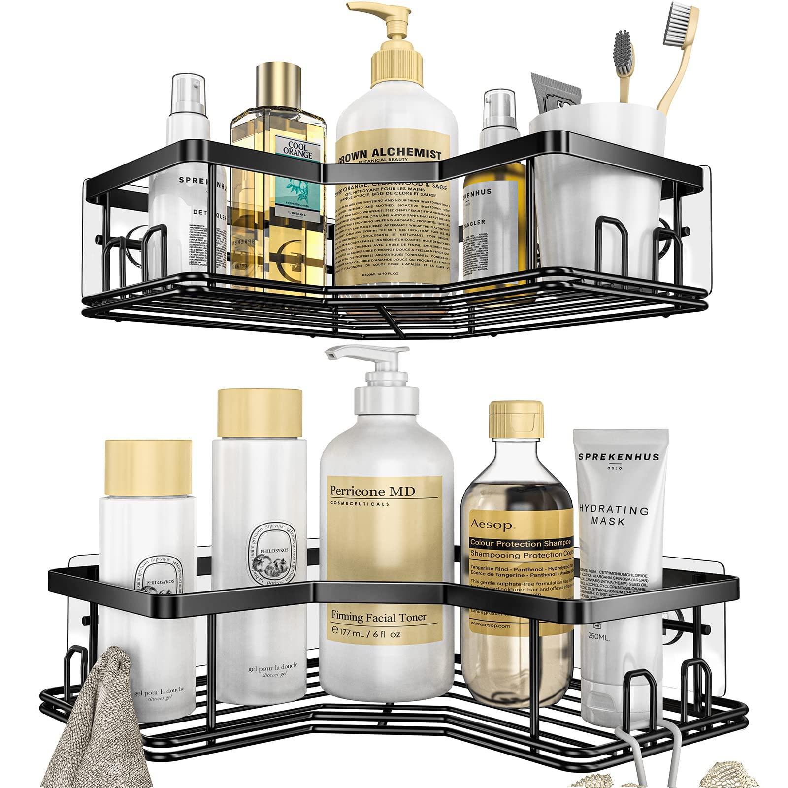 BATHMAX Corner Shower Caddy, Shower Organizer Corner Shower Shelf with 8 hooks,2-Pack Adhesive Stainless Steel Shower Shelves for Bathroom Storage (Matte Black) - TheGivenGet