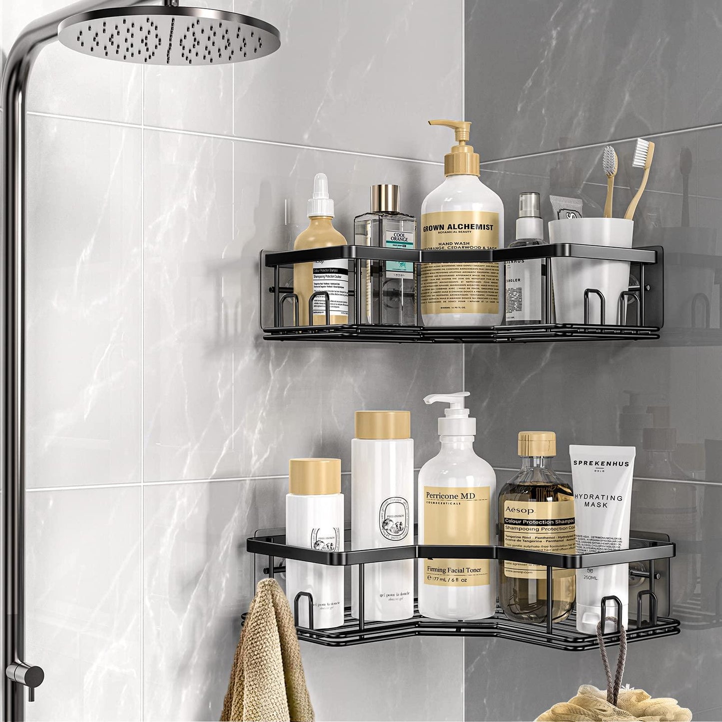 BATHMAX Corner Shower Caddy, Shower Organizer Corner Shower Shelf with 8 hooks,2-Pack Adhesive Stainless Steel Shower Shelves for Bathroom Storage (Matte Black) - TheGivenGet
