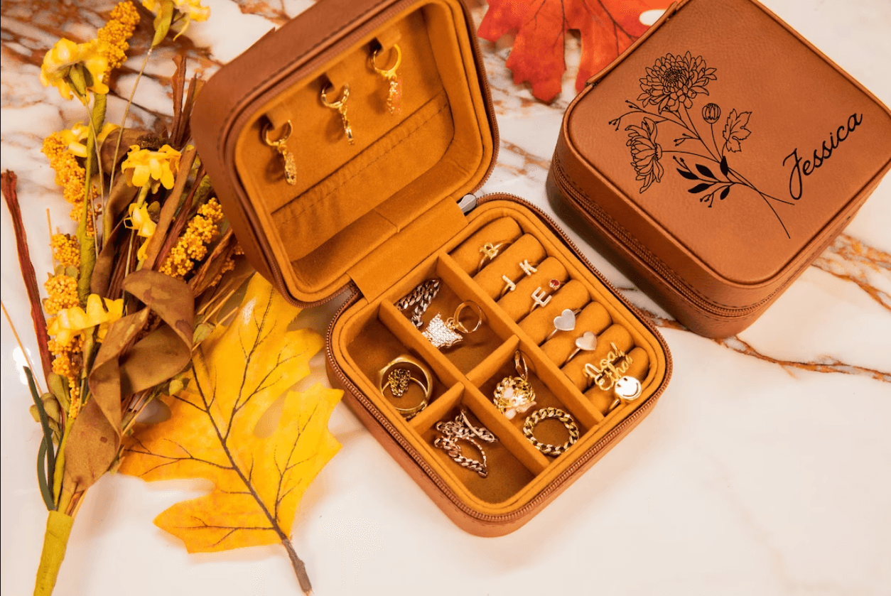 Customize Birth Month Flower Jewelry Travel Case, Personalized Leather Jewelry Box Birthday Gift - TheGivenGet