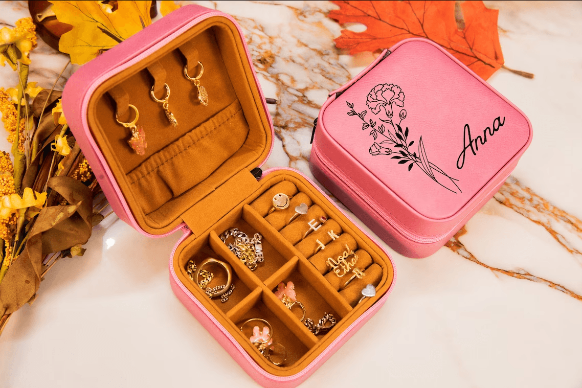 Customize Birth Month Flower Jewelry Travel Case, Personalized Leather Jewelry Box Birthday Gift - TheGivenGet