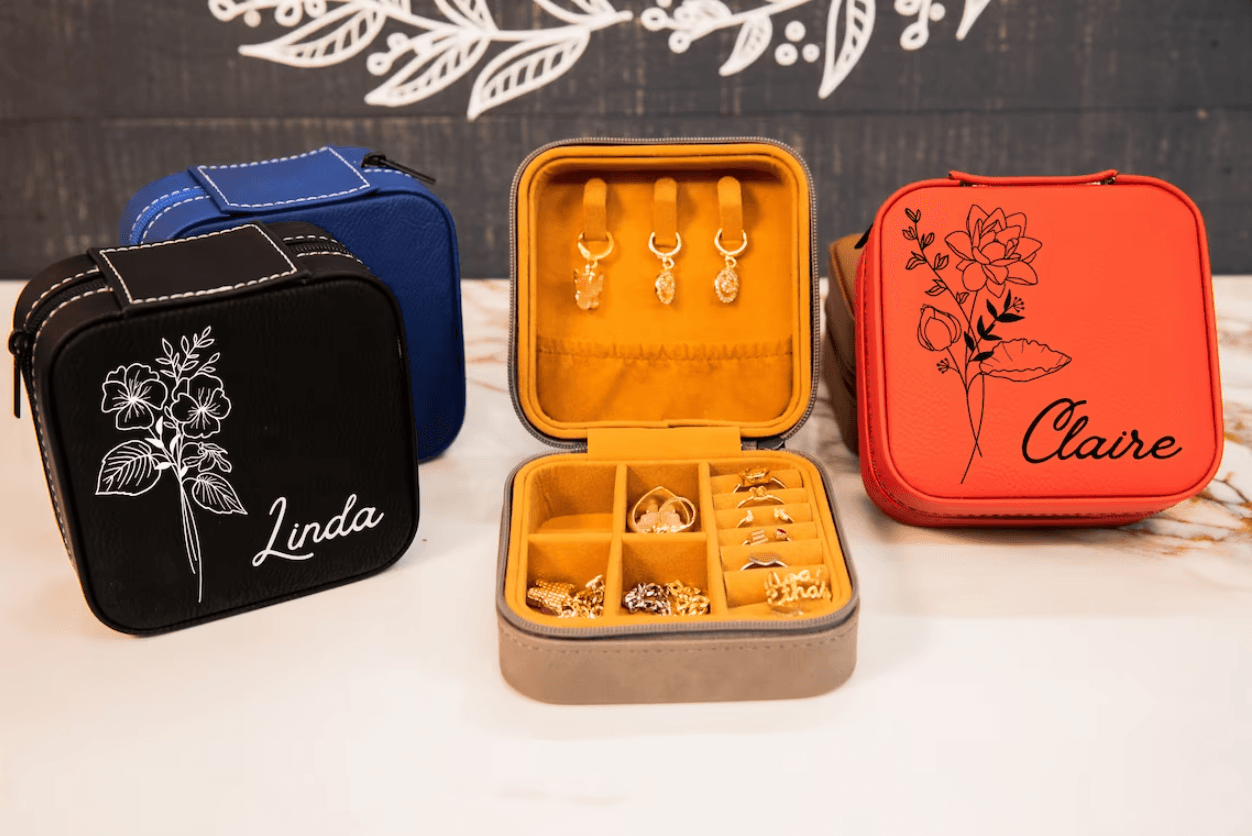 Customize Birth Month Flower Jewelry Travel Case, Personalized Leather Jewelry Box Birthday Gift - TheGivenGet