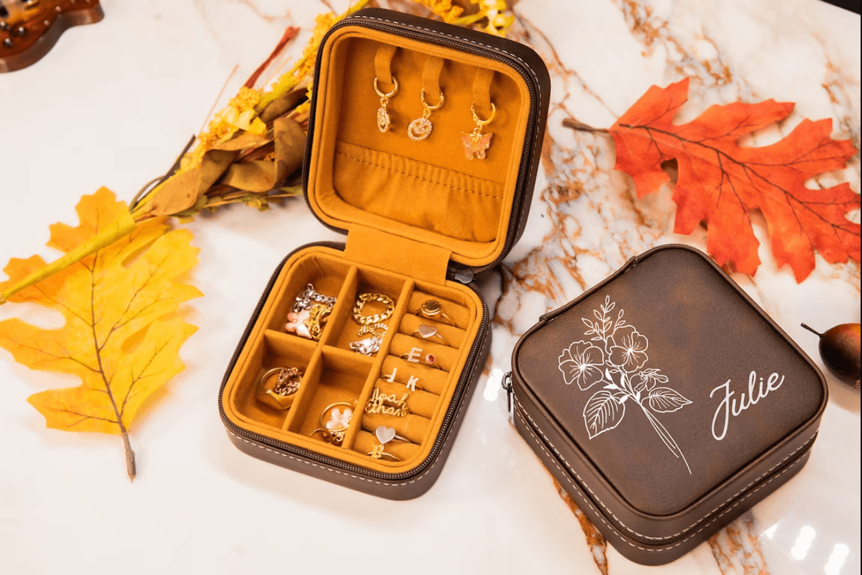 Customize Birth Month Flower Jewelry Travel Case, Personalized Leather Jewelry Box Birthday Gift - TheGivenGet