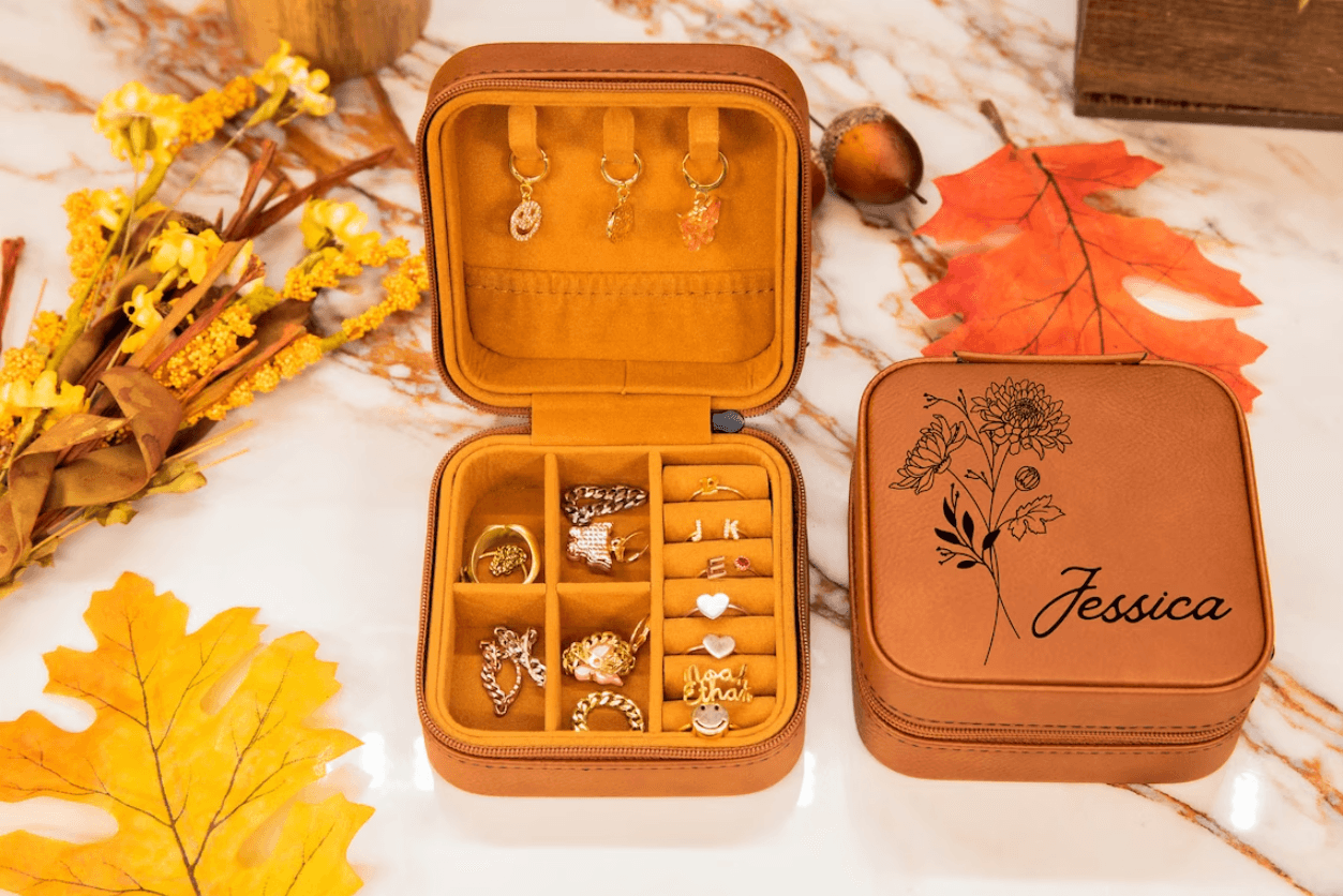 Customize Birth Month Flower Jewelry Travel Case, Personalized Leather Jewelry Box Birthday Gift - TheGivenGet