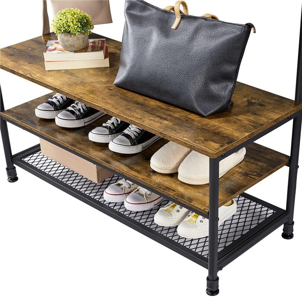 Industrial Entryway Hall Tree with Storage Shelves and Coat Hooks, Rustic Brown - TheGivenGet
