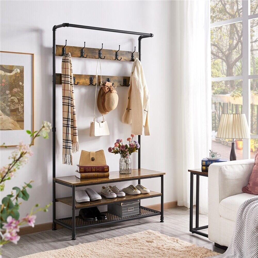 Industrial Entryway Hall Tree with Storage Shelves and Coat Hooks, Rustic Brown - TheGivenGet