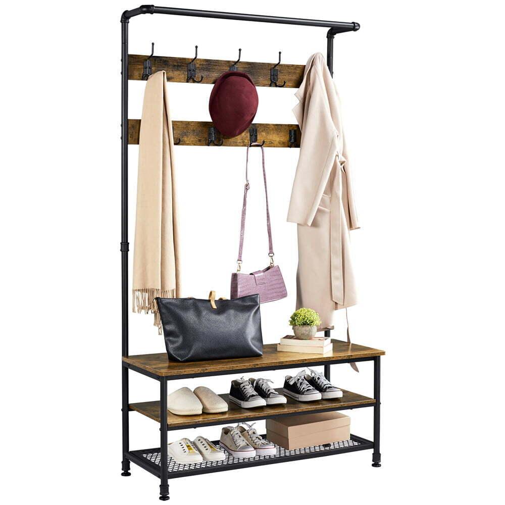 Industrial Entryway Hall Tree with Storage Shelves and Coat Hooks, Rustic Brown - TheGivenGet