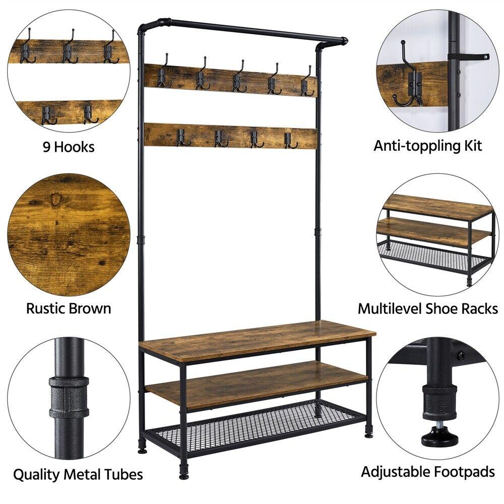 Industrial Entryway Hall Tree with Storage Shelves and Coat Hooks, Rustic Brown - TheGivenGet