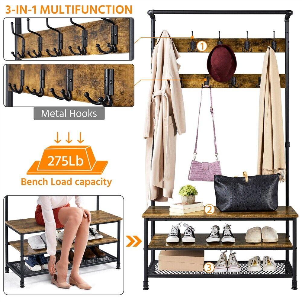 Industrial Entryway Hall Tree with Storage Shelves and Coat Hooks, Rustic Brown - TheGivenGet