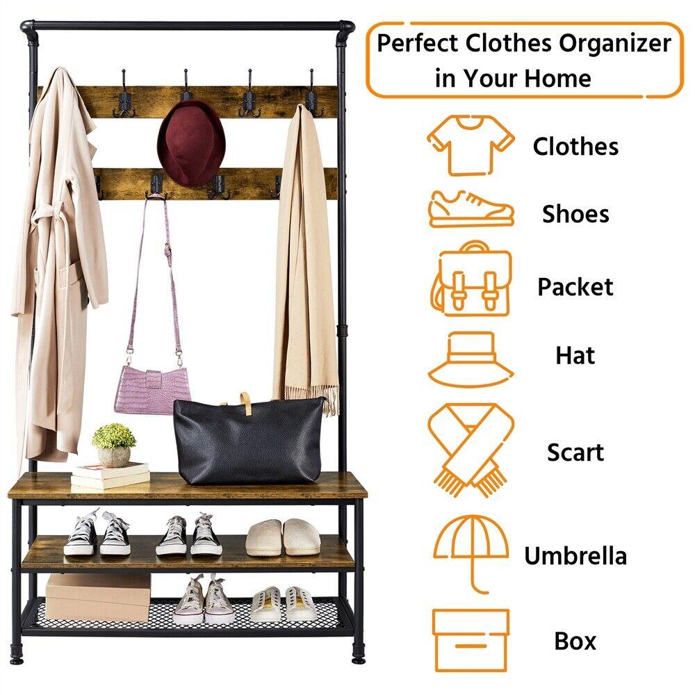 Industrial Entryway Hall Tree with Storage Shelves and Coat Hooks, Rustic Brown - TheGivenGet