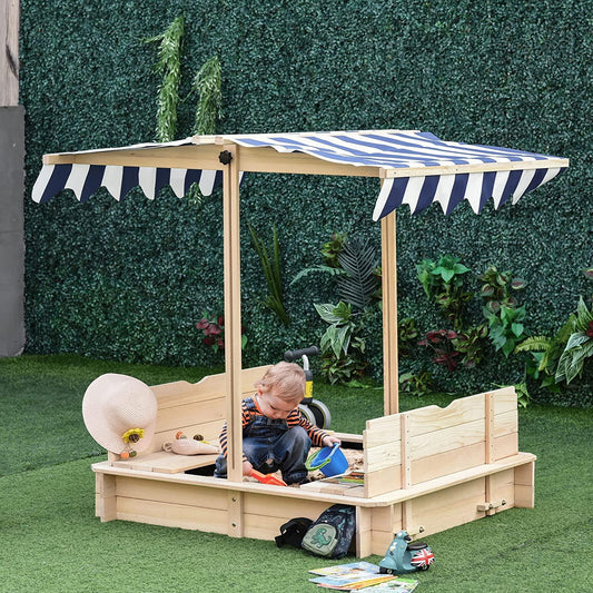 Kids Wooden Sandbox with Adjustable Canopy & Foldable Bench Seats - TheGivenGet