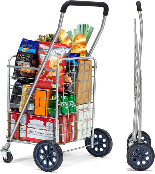 Shopping Cart with Dual Swivel Wheels for Groceries - Compact Folding Portable Cart Saves Space - with Adjustable Handle Height - Lightweight Easy to Move Holds up to 70L/Max 66Ibs - TheGivenGet