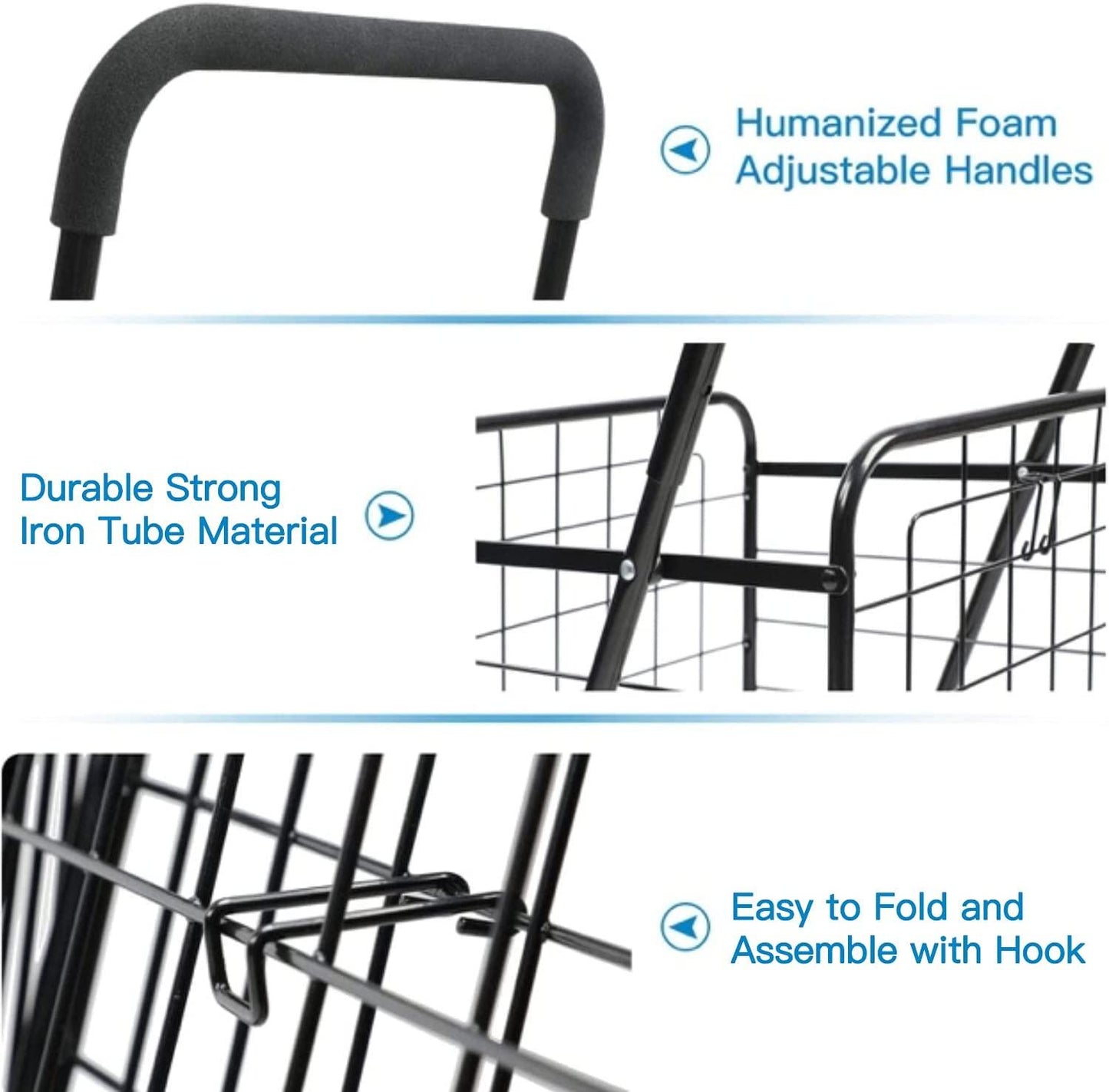 Shopping Cart with Dual Swivel Wheels for Groceries - Compact Folding Portable Cart Saves Space - with Adjustable Handle Height - Lightweight Easy to Move Holds up to 70L/Max 66Ibs - TheGivenGet