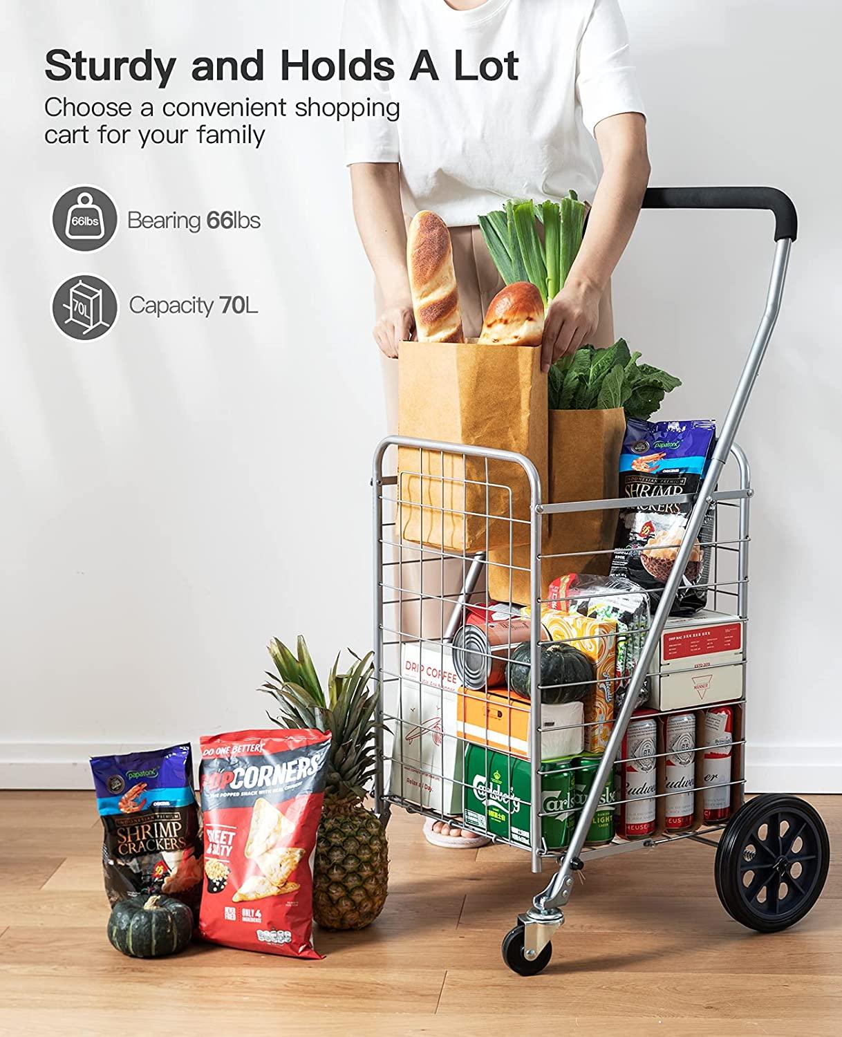 Shopping Cart with Dual Swivel Wheels for Groceries - Compact Folding Portable Cart Saves Space - with Adjustable Handle Height - Lightweight Easy to Move Holds up to 70L/Max 66Ibs - TheGivenGet