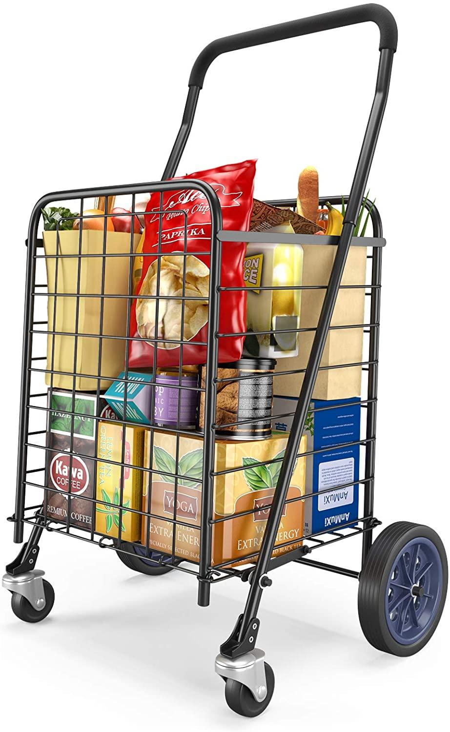 Shopping Cart with Dual Swivel Wheels for Groceries - Compact Folding Portable Cart Saves Space - with Adjustable Handle Height - Lightweight Easy to Move Holds up to 70L/Max 66Ibs - TheGivenGet