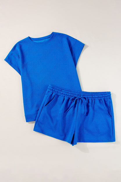 Dark Blue Plus Size Fashion Textured Short 2pcs Outfit